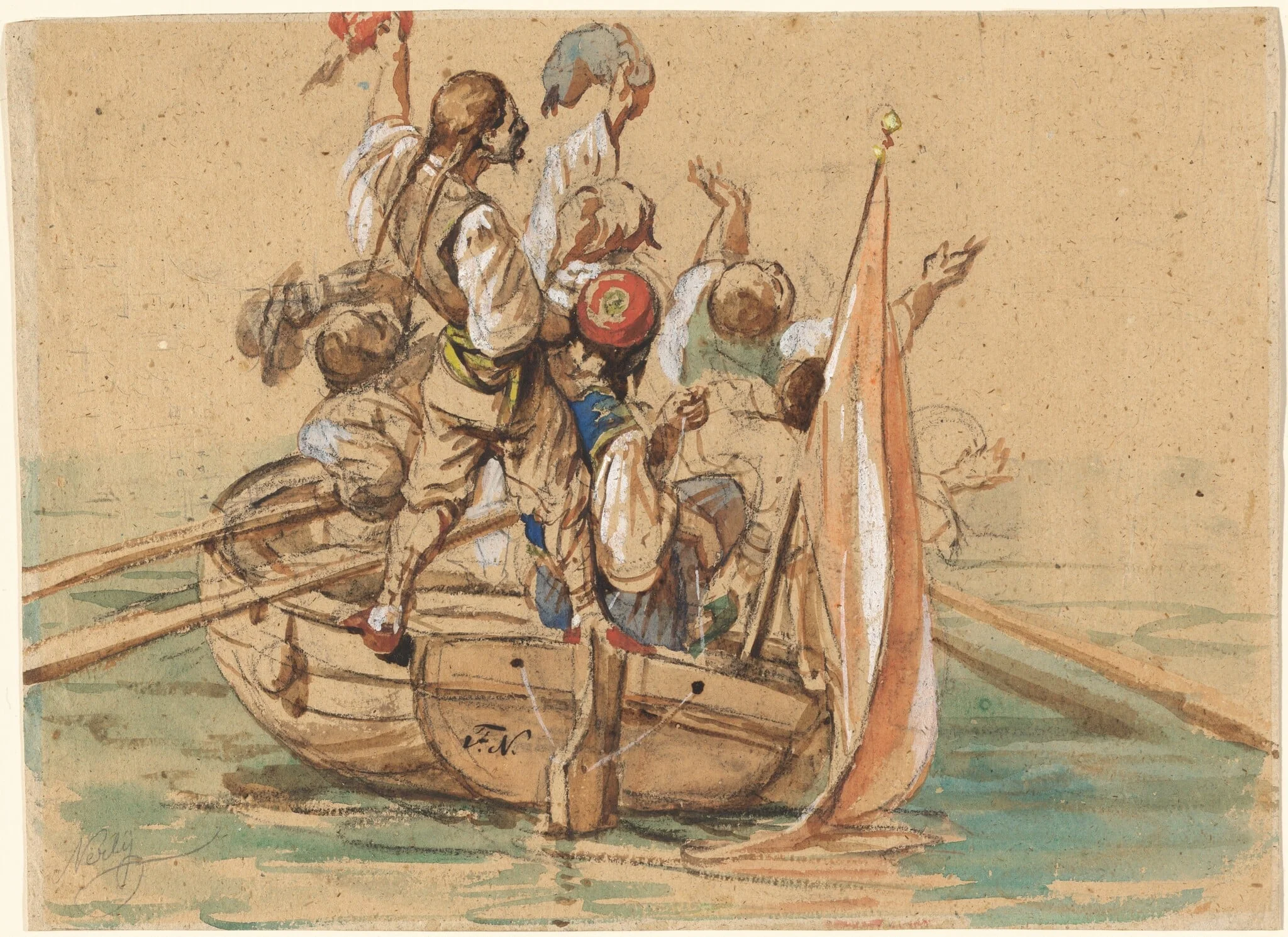 Greek Sailors on a Venetian Canal, by Friedrich Nerly, chalk, 1851