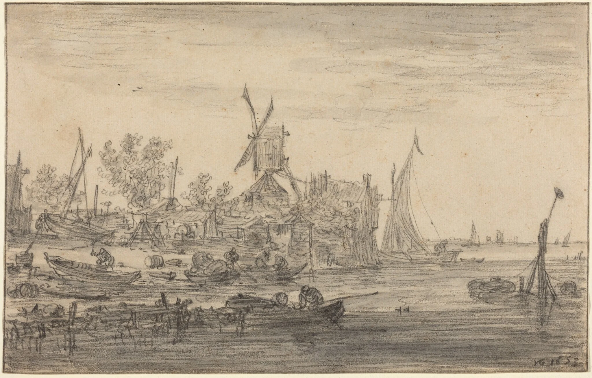 Foreshore Scene with Windmill, by Jan van Goyen, graphite, 1653