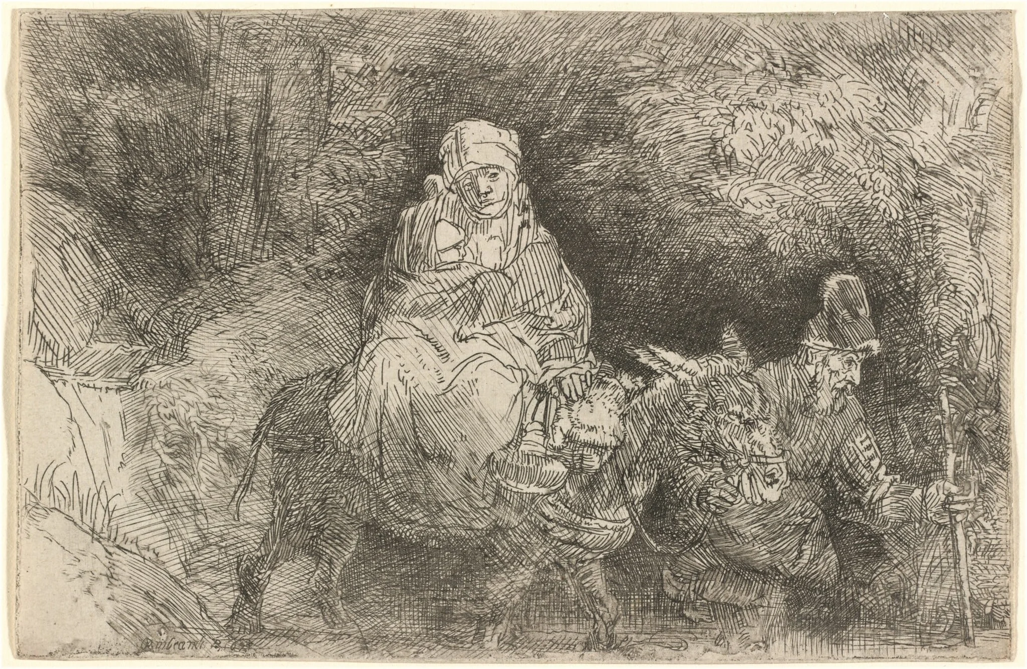 The Flight into Egypt: Crossing a Brook, by Rembrandt, ink, 1654