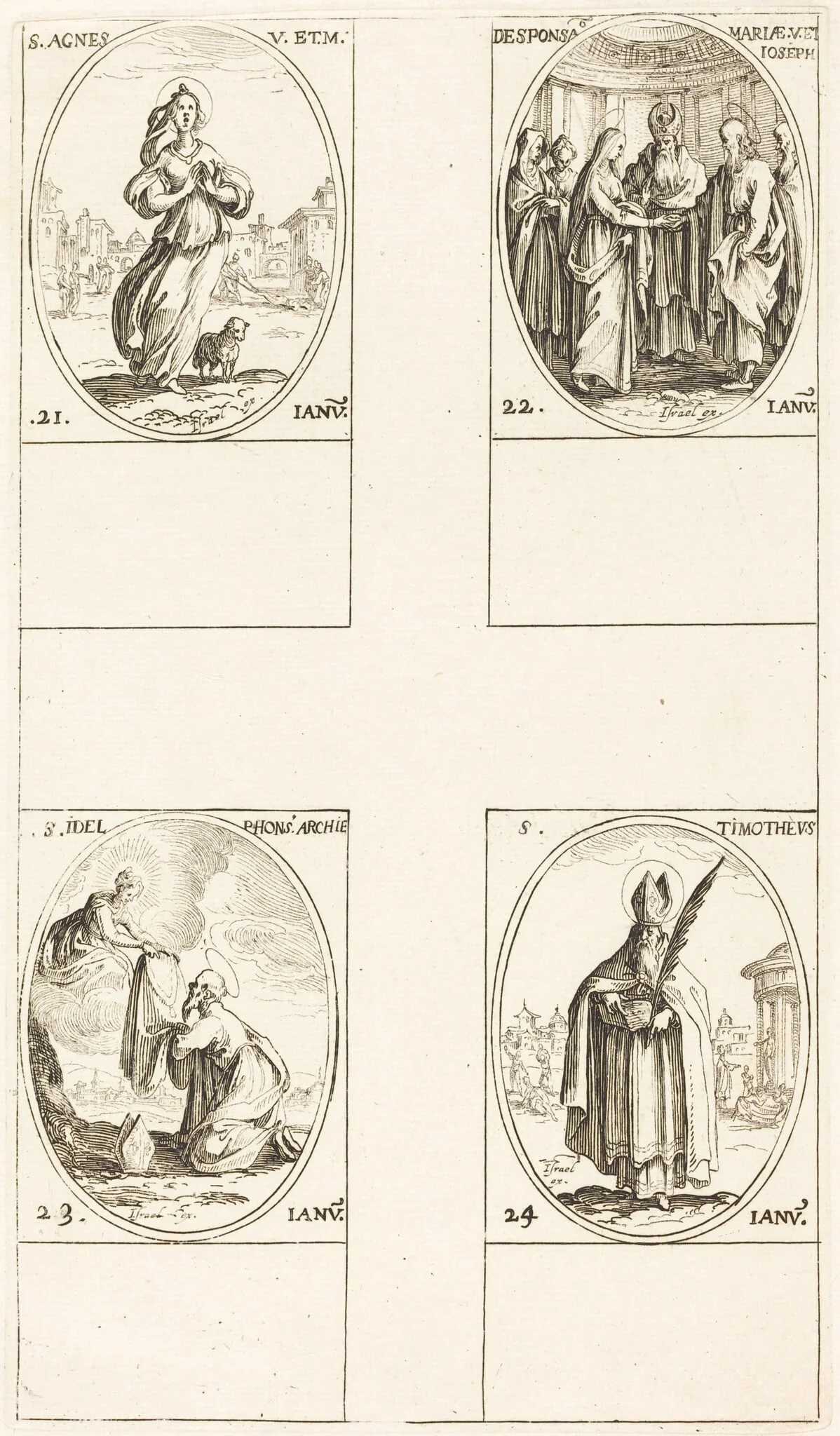 St. Agnes; The Marriage of the Virgin; St. Ildefonsus; St. Timothy, by Jacques Callot, ink, 1634