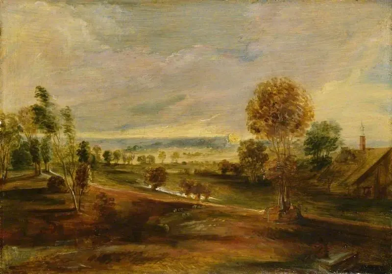 Landscape with Farm Buildings at Sunset