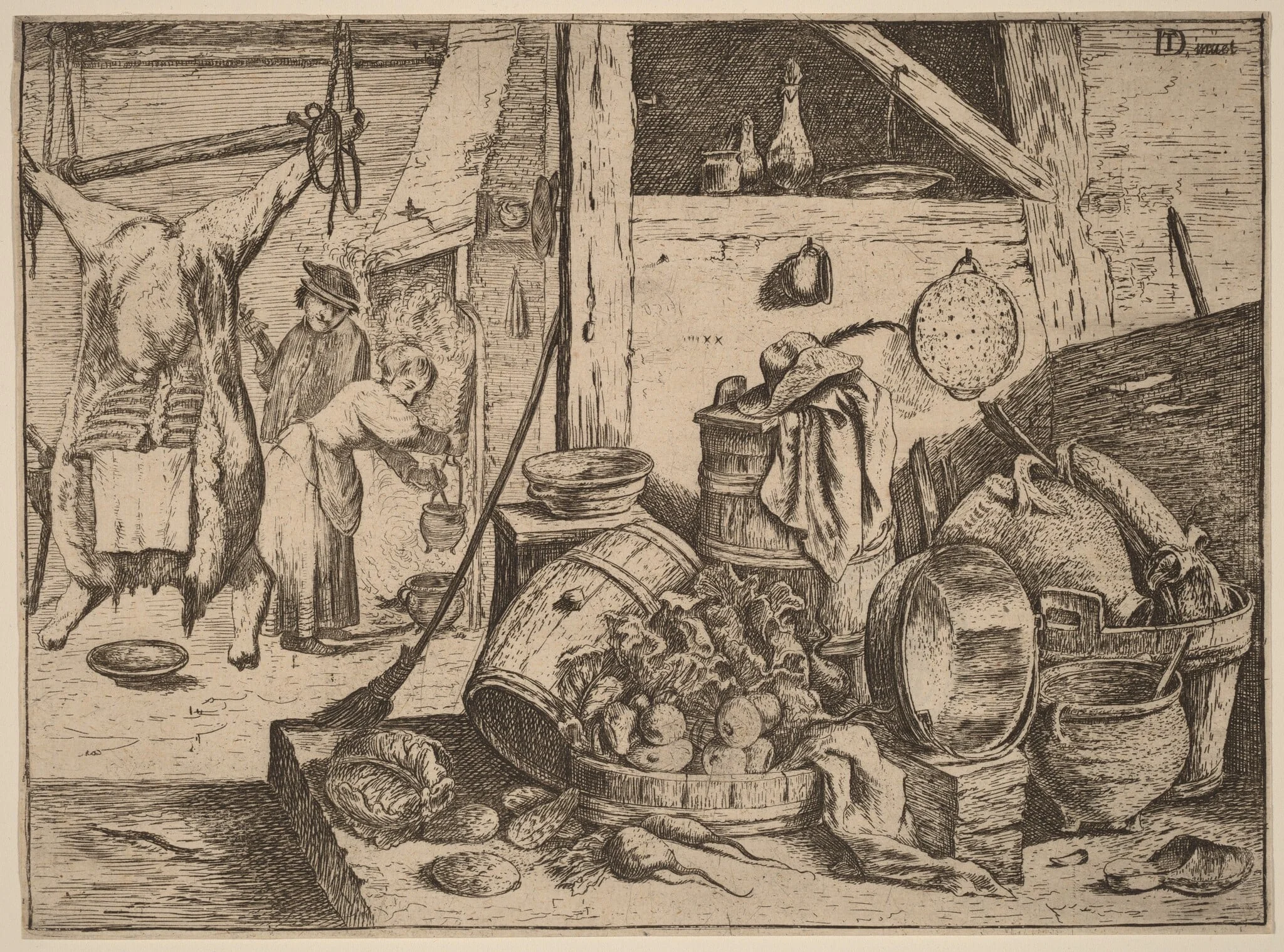Interior of a Kitchen, by David Teniers the Younger, ink, 1650