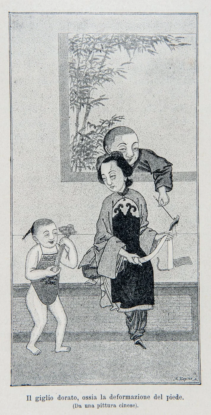 The golden lotus, or the deformation of the foot, (From a Chinese painting) signed by M. Rapine, by Fratelli Treves Editori, unspecified, 1900