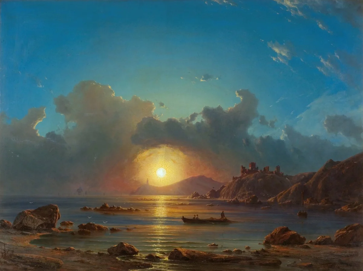 Sunset on a Bay, with Castle Ruins, by Georg Emil Libert, oil, 1848
