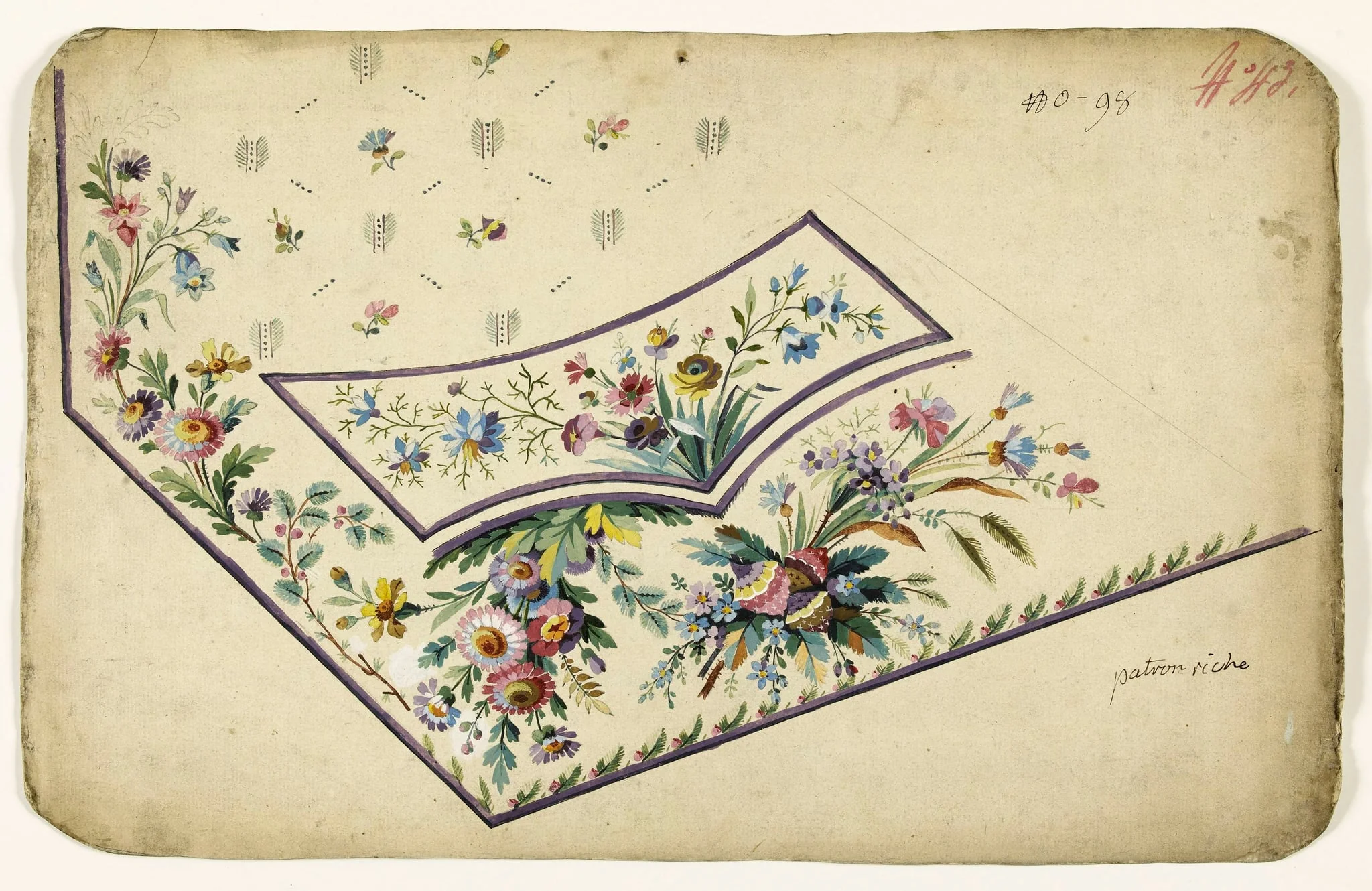 Composition de fleurs sauvages et fantaisistes en bouquets multicolores, projets de broderies de gilet, XVIIIème siècle