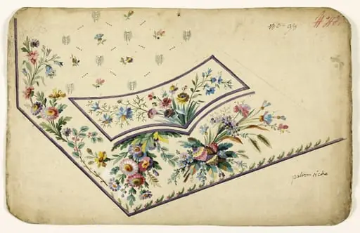 Composition de fleurs sauvages et fantaisistes en bouquets multicolores, projets de broderies de gilet, XVIIIème siècle