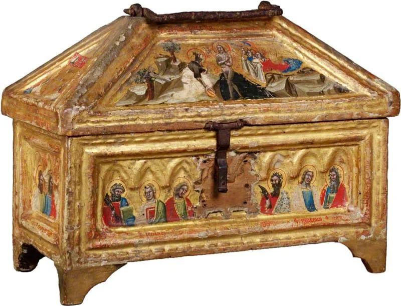 The Baptism of Christ (casket lid, front); Saint Peter, Saint John the Evangelist, Saint Matthew and Two Unknown Saints (casket, front), by Simone dei Crocifissi, unspecified, 1360