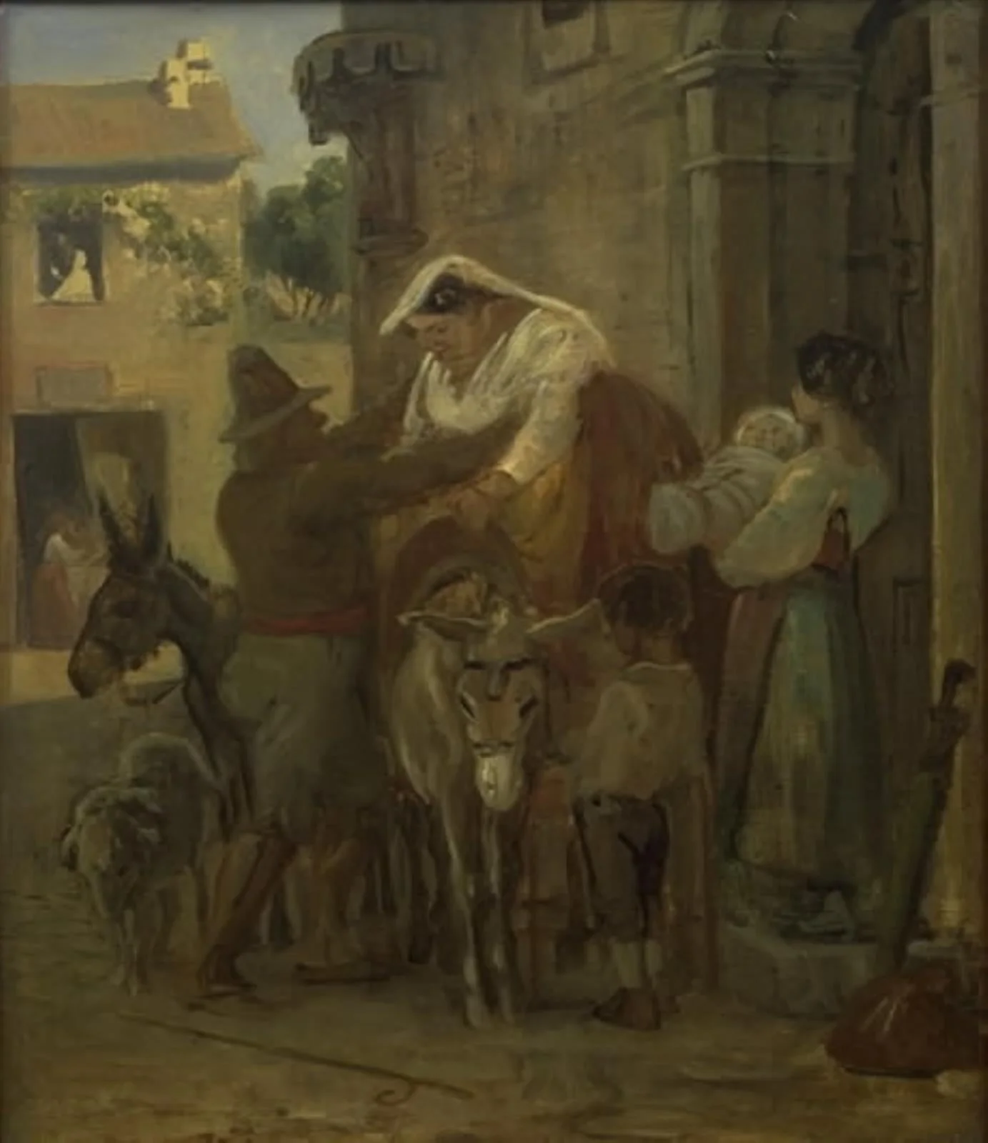 A Stout Roman Woman Being Helped onto a Donkey, by Unknown, 1850