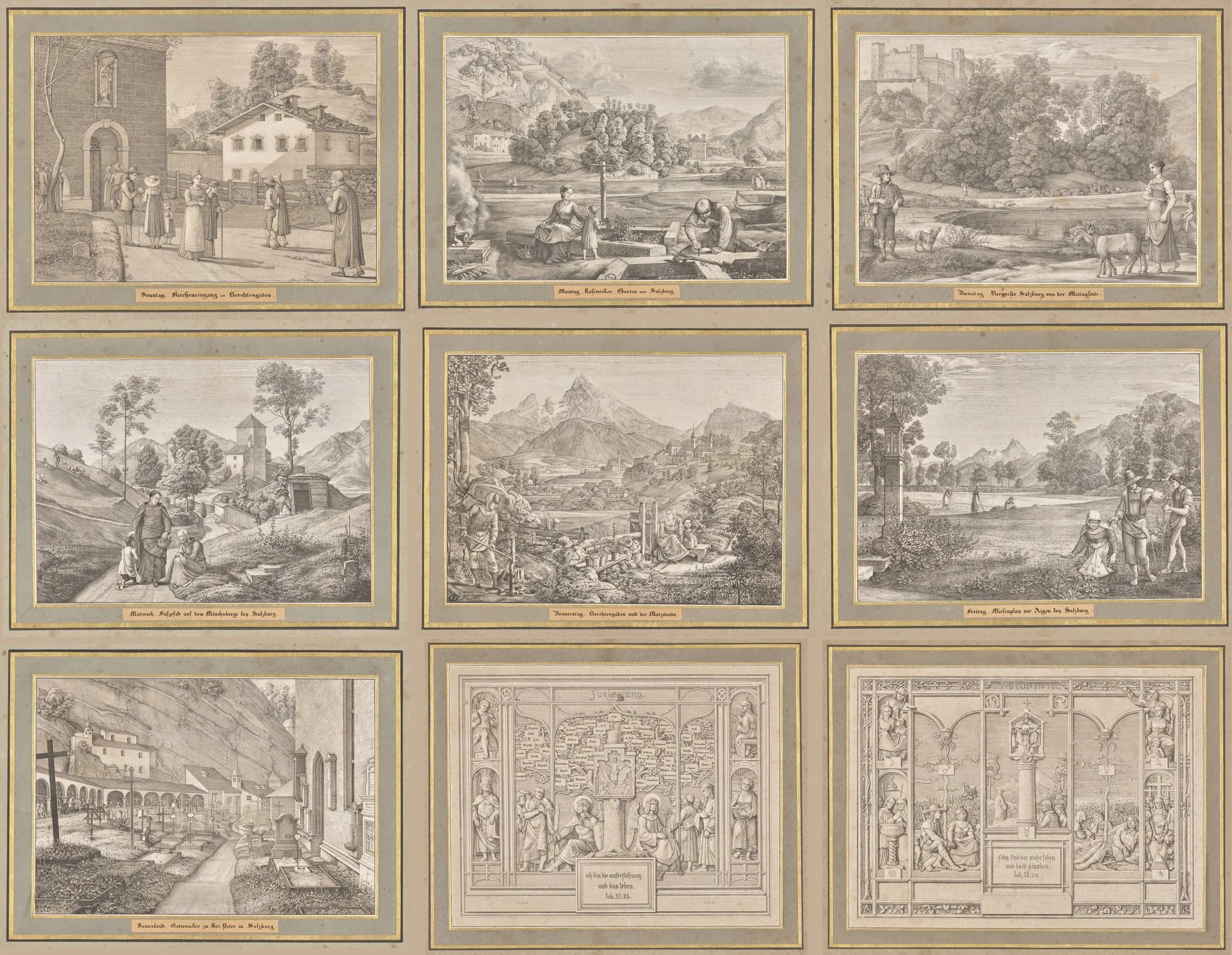 Seven Areas from Salzburg and Berchtesgaden. Arranged according to the seven days of the week, connected by two allegorical sheets, by Ferdinand Olivier, 1820