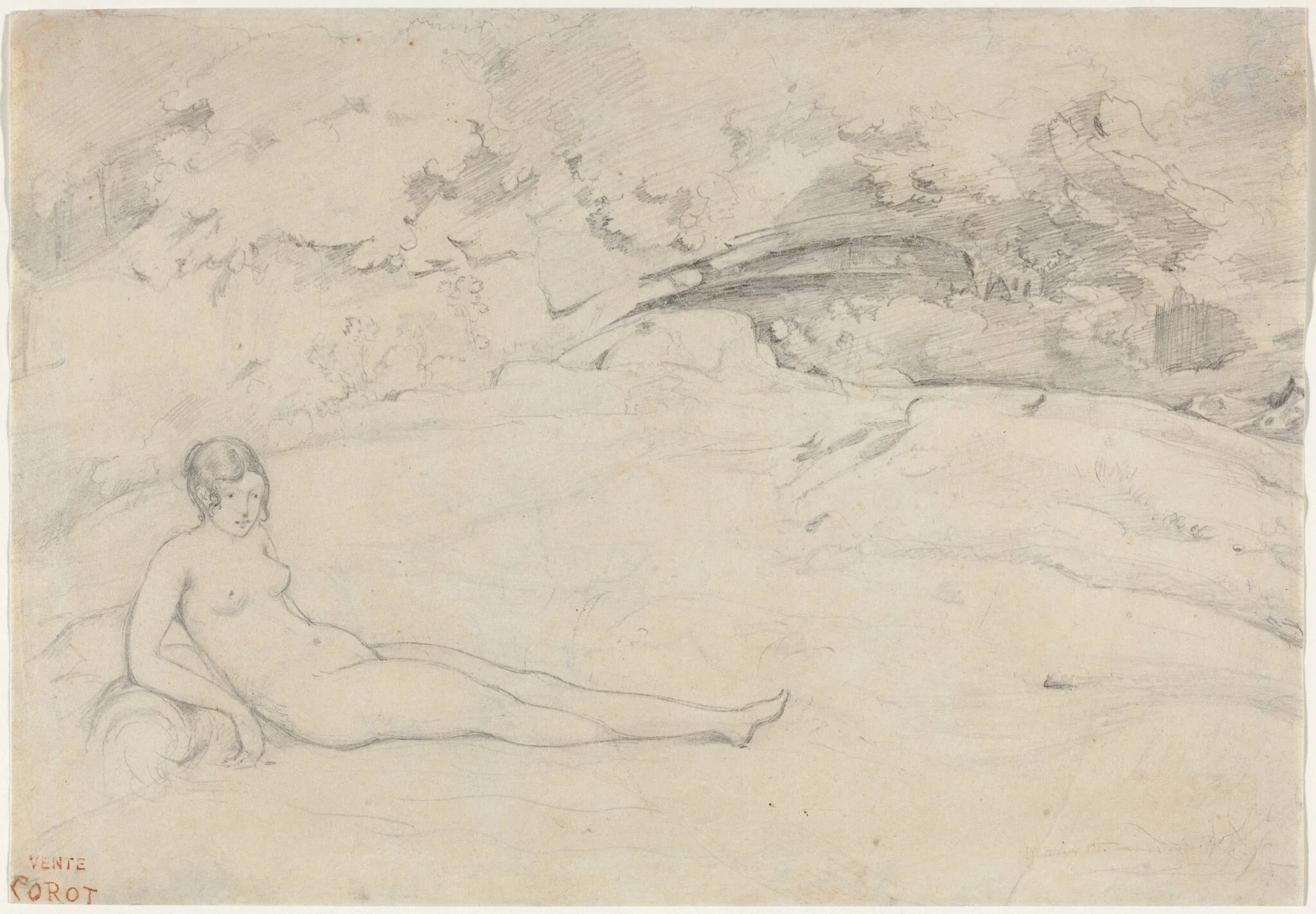 A Nude Reclining in a Landscape, by Jean Baptiste Camille Corot, graphite, 1826