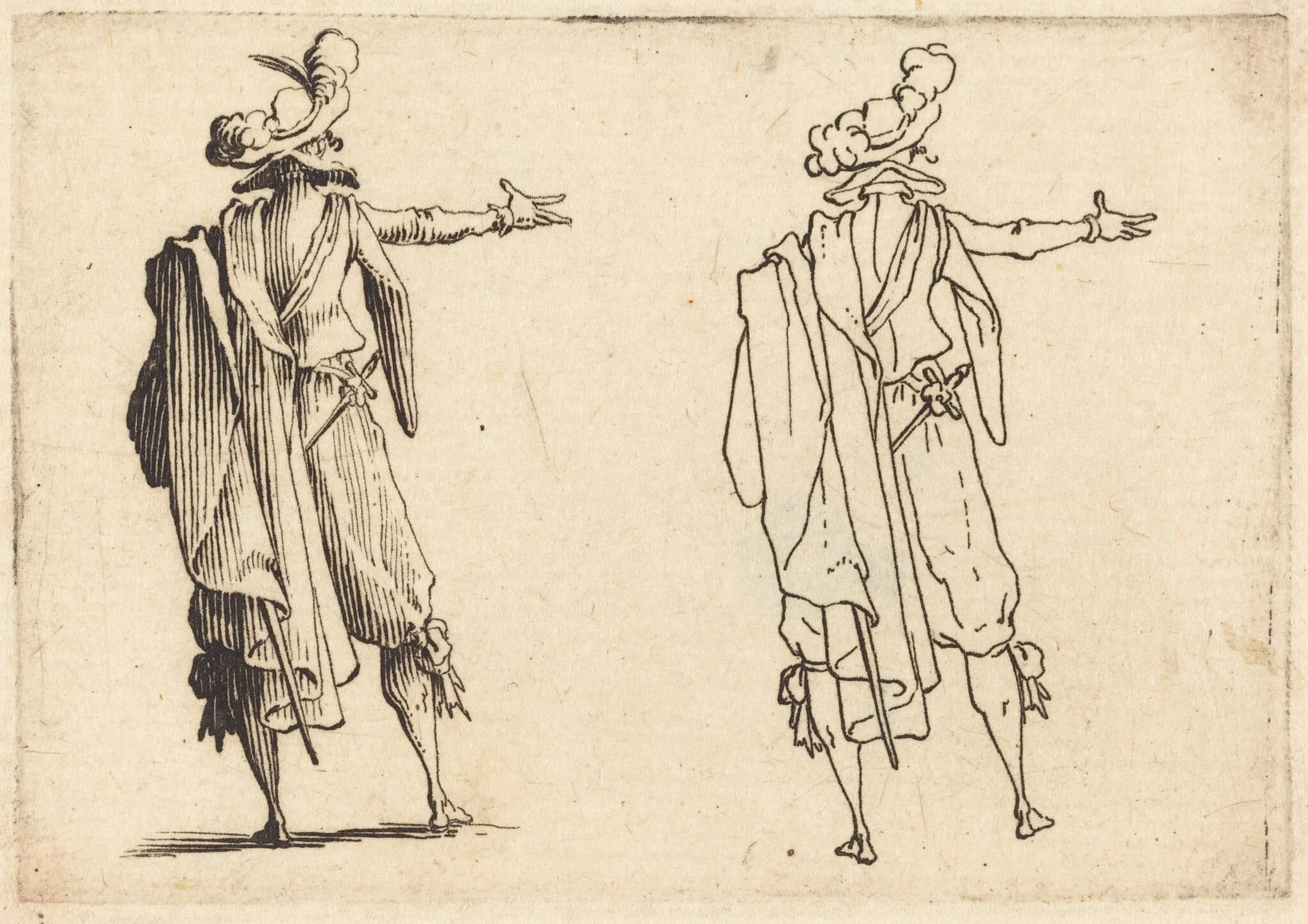 Man seen from Behind with His Right Arm Extended, by Jacques Callot, ink, 1617