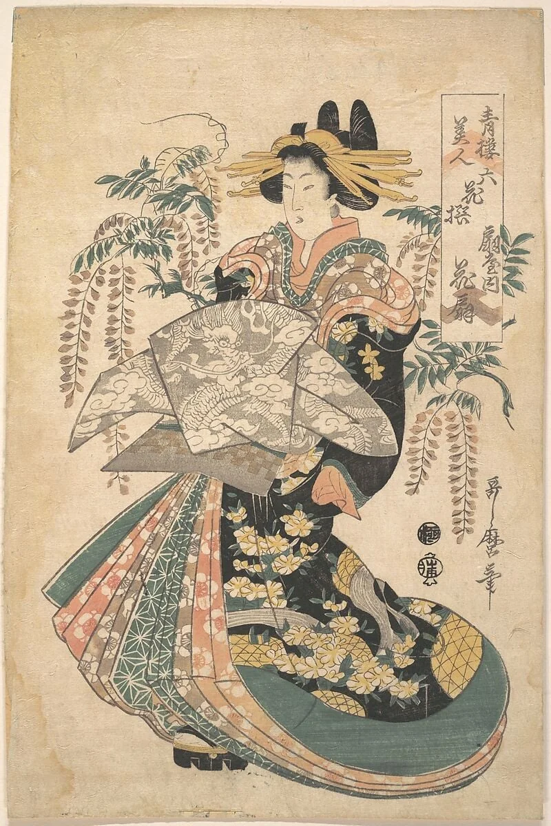 青楼美人　六花撰　扇屋内花扇|A Courtesan with Wisteria on the Background, by Utamaro II, ink, 1723