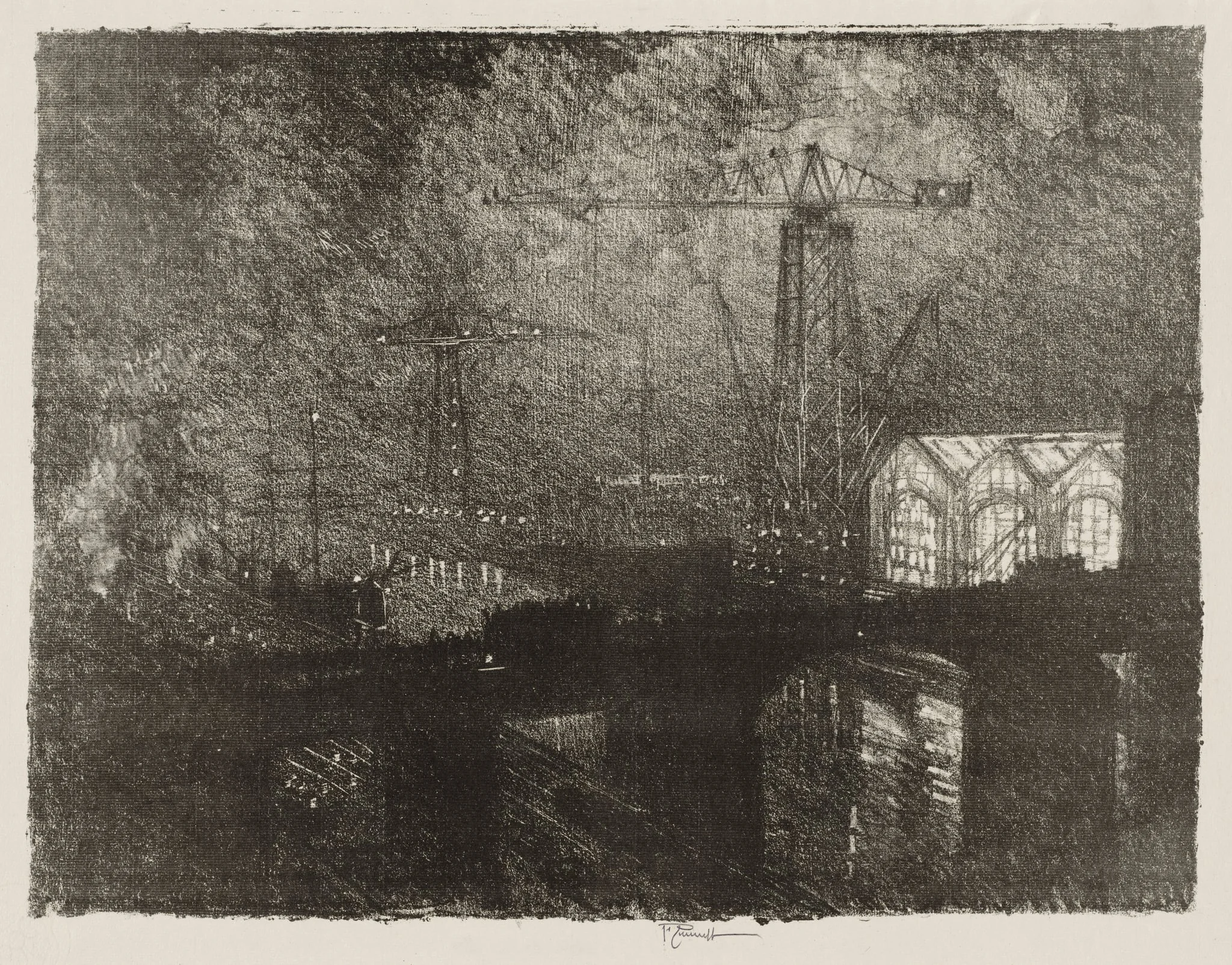 English War Work:  The Shops at Night, Changing Shifts, by Joseph Pennell, 1916