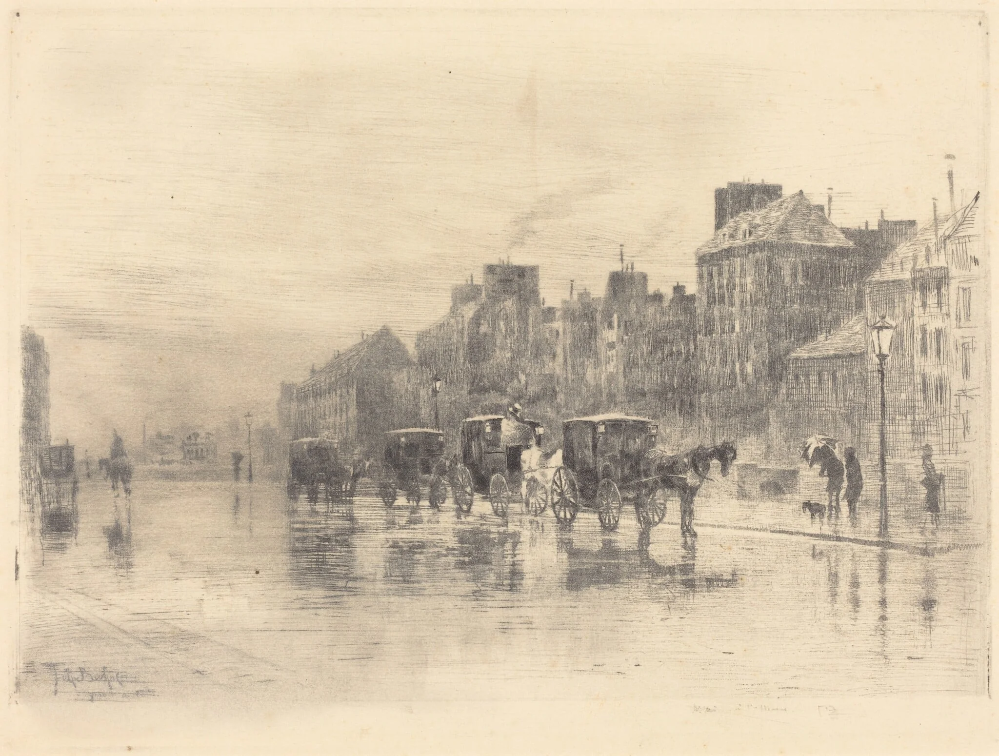 Une Matinée d'Hiver au Quai de l'Hôtel-Dieu (Winter Morning on the Quai de l'Hôtel-Dieu), by Félix-Hilaire Buhot, ink, 1876