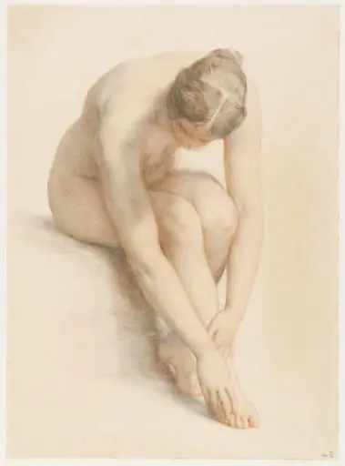 Female nude, seated, bending forward