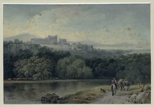 View across a river with a castle or monastery on the hill