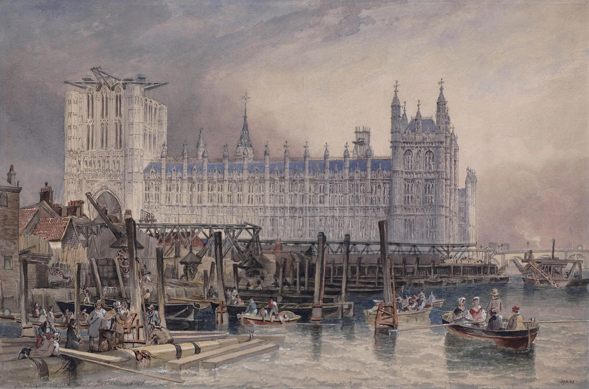 The Houses of Parliament in course of erection, by James Wilson Carmichael, watercolor, 1850