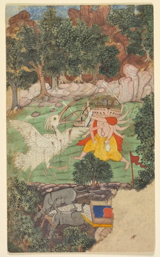 Battle of Ravana and Jatayu, from Chapters 50 and 51 of the Aranya Kanda (Book of the Forest) of Valmiki's Ramayana (Rama’s Journey); folio from the "Burnt" Ramayana, by Unknown, unspecified, 1605