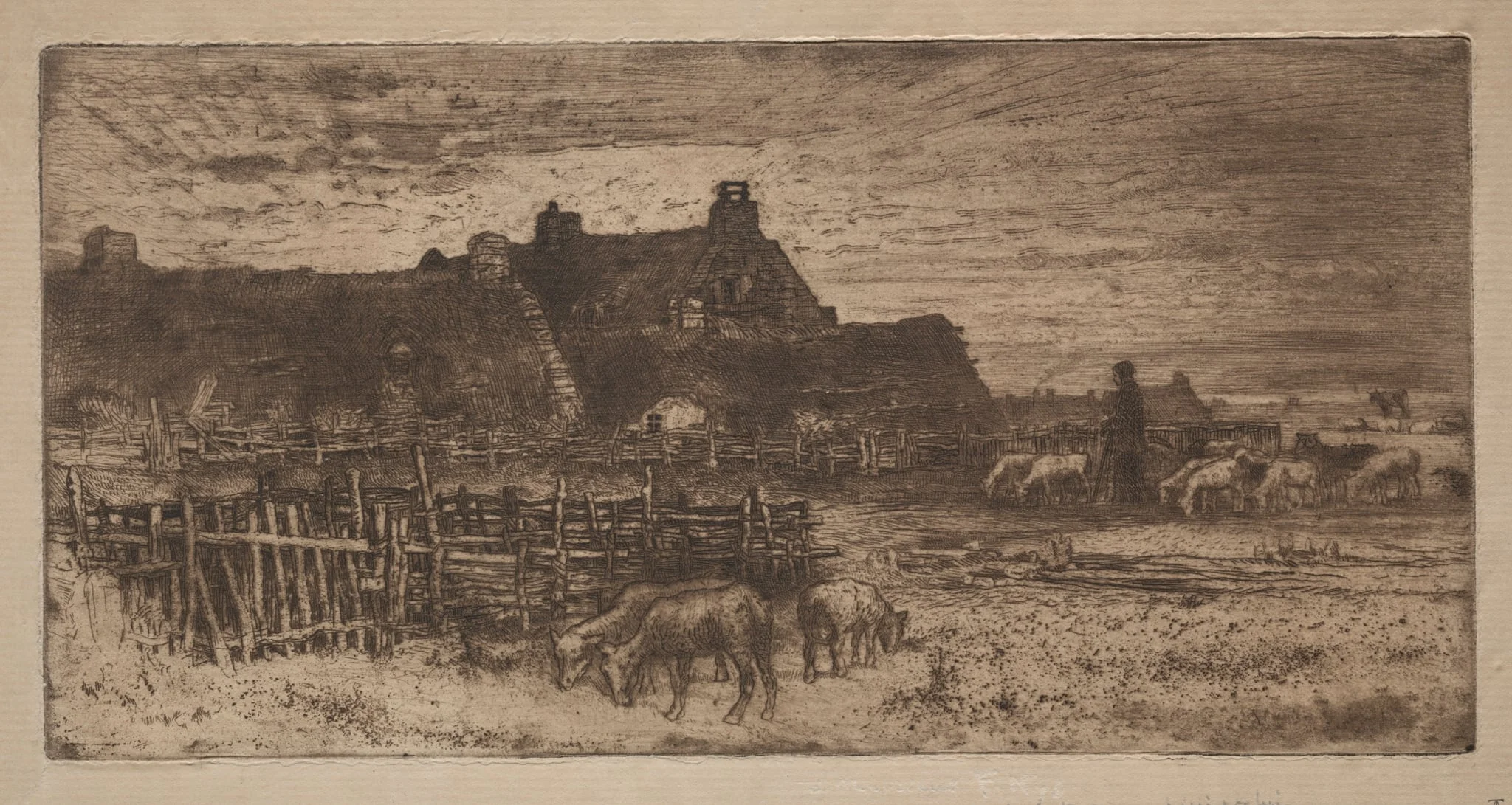 Sheepfold: Sunset, by Félix-Hilaire Buhot, 1881