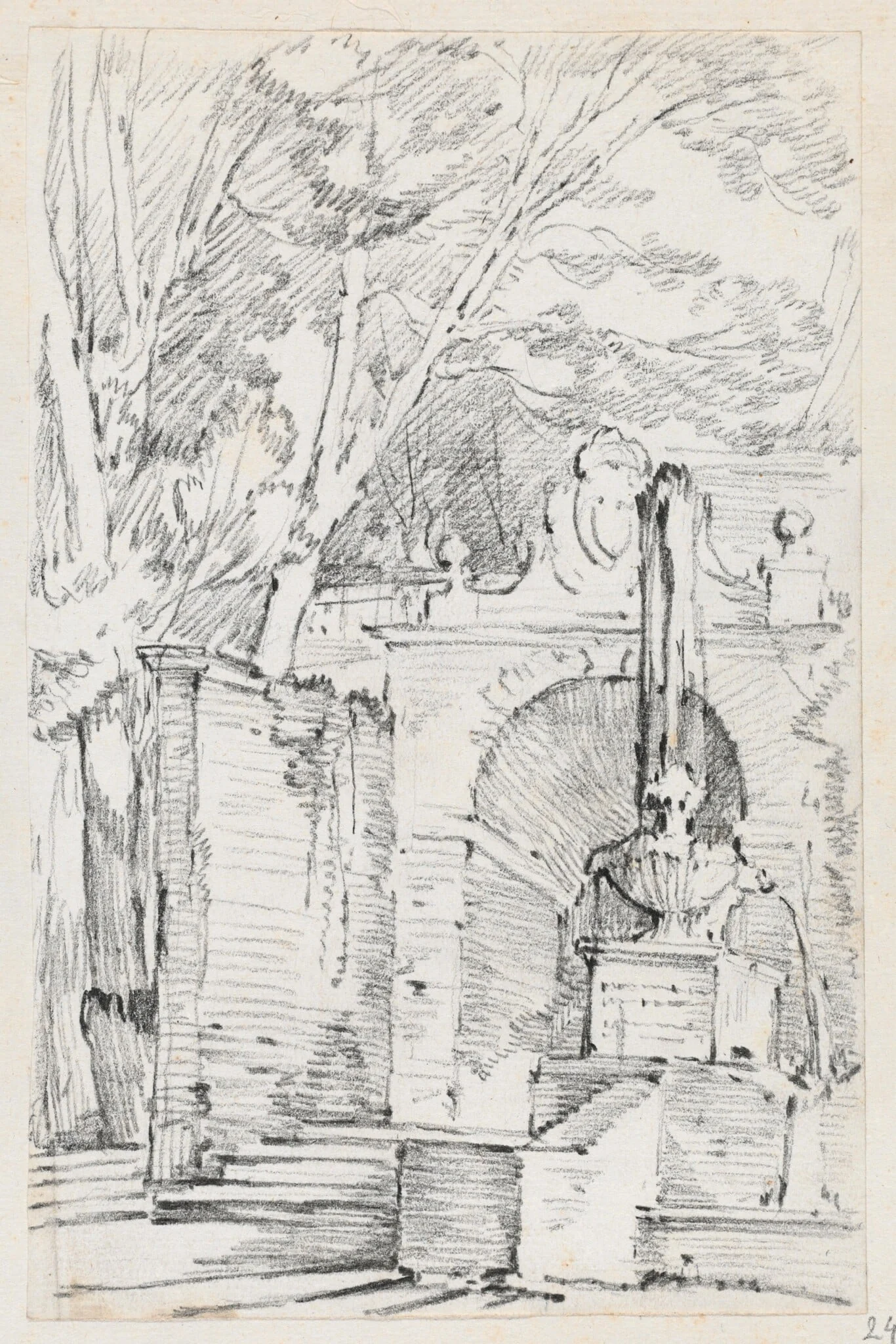 Fountain of Pomona in the Gardens of the Villa d'Este, Tivoli, by Joseph-Marie Vien, graphite, 1747
