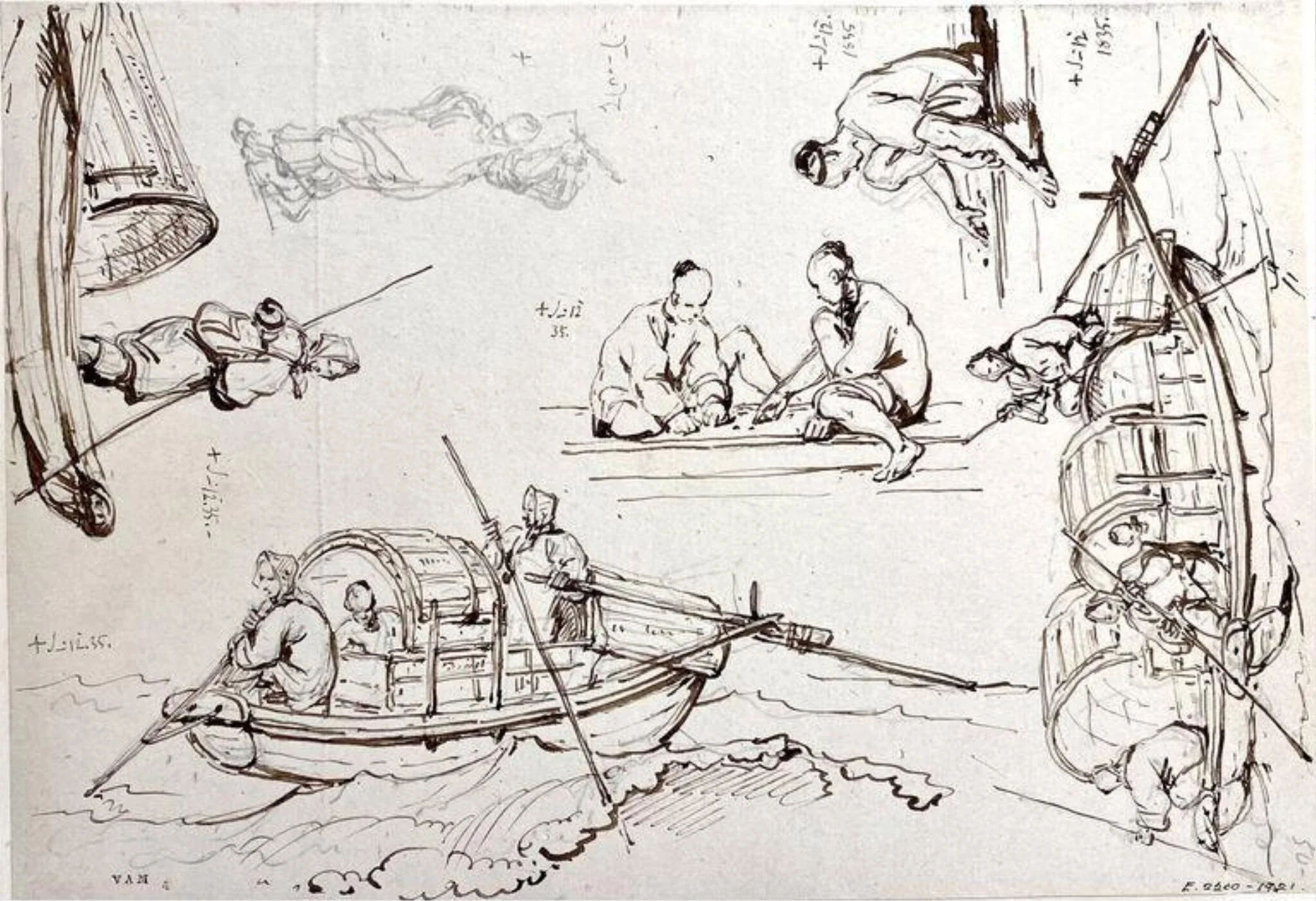 Tanka boats at sea, with other drawings, by George Chinnery, 12