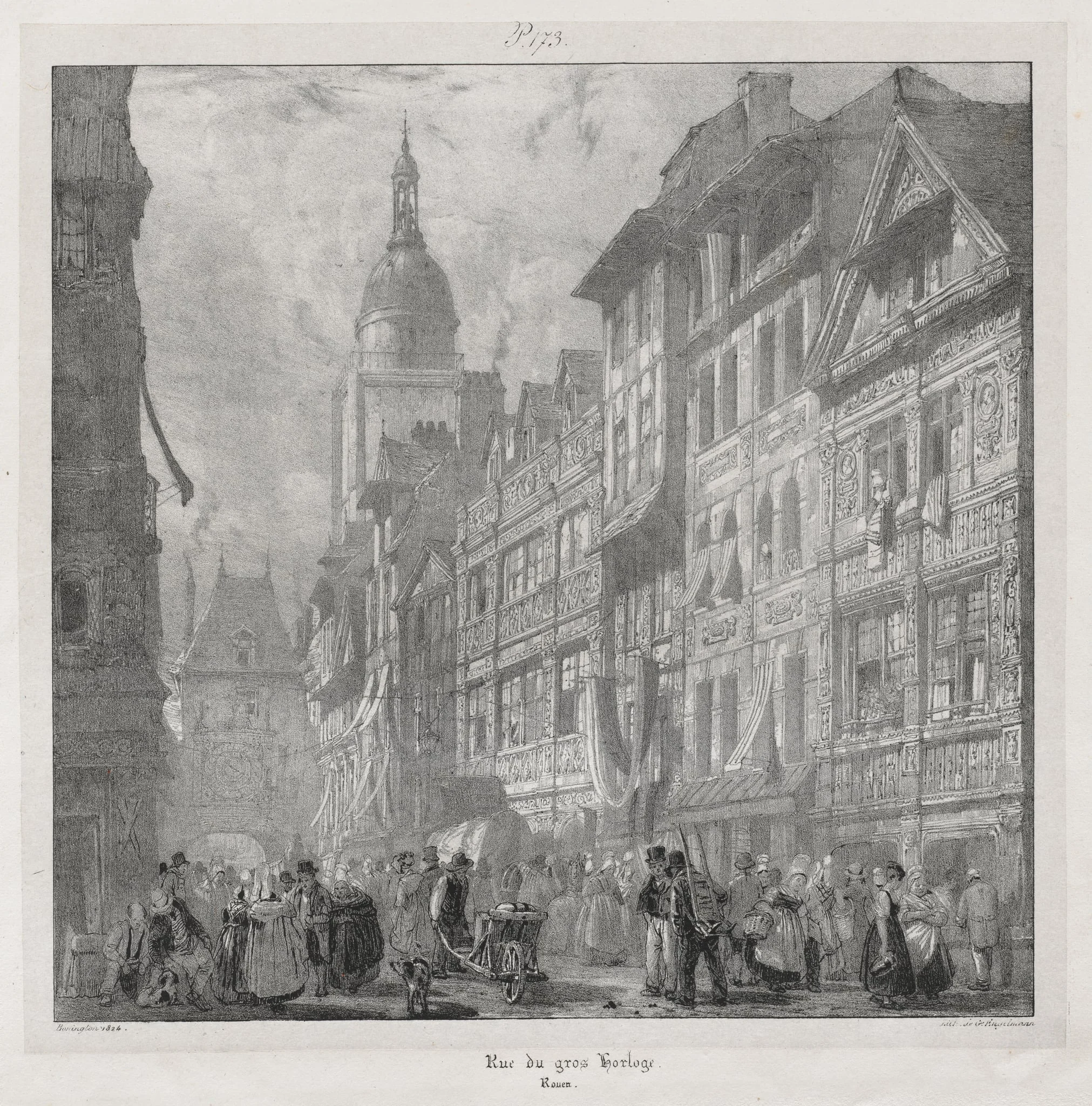 Voyages pittoresques et romantiques dans l'ancienne France,  Normandie:  Rue du Gros Horloge, Rouen, by Richard Parkes Bonington, 1824