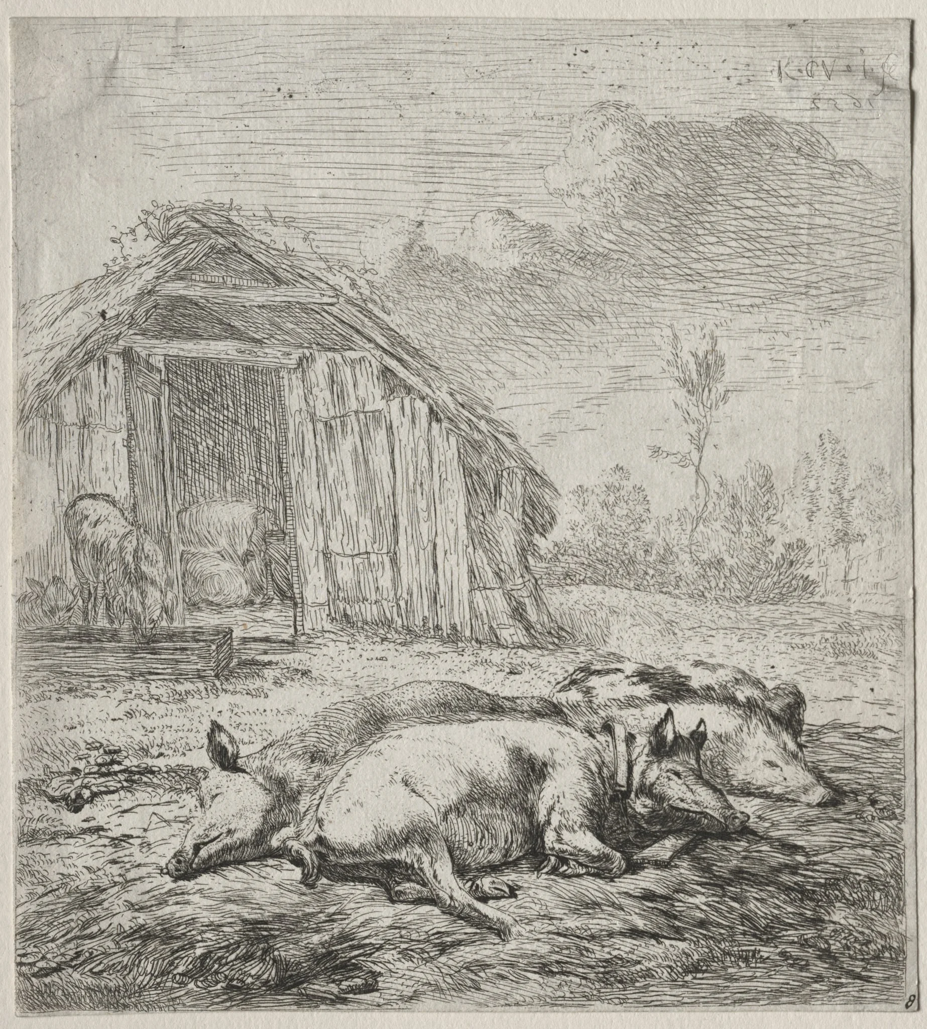 Three Swine Lying in Front of a Sty, by Karel Dujardin, 1652