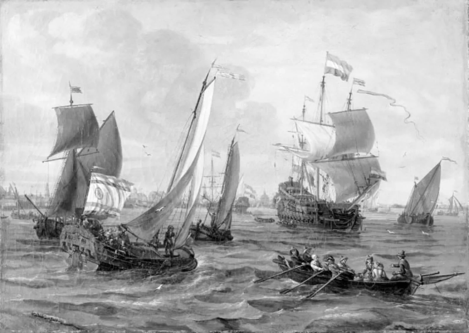 Ships and Rowboats on the Sea off Amsterdam, by Unknown, 1680