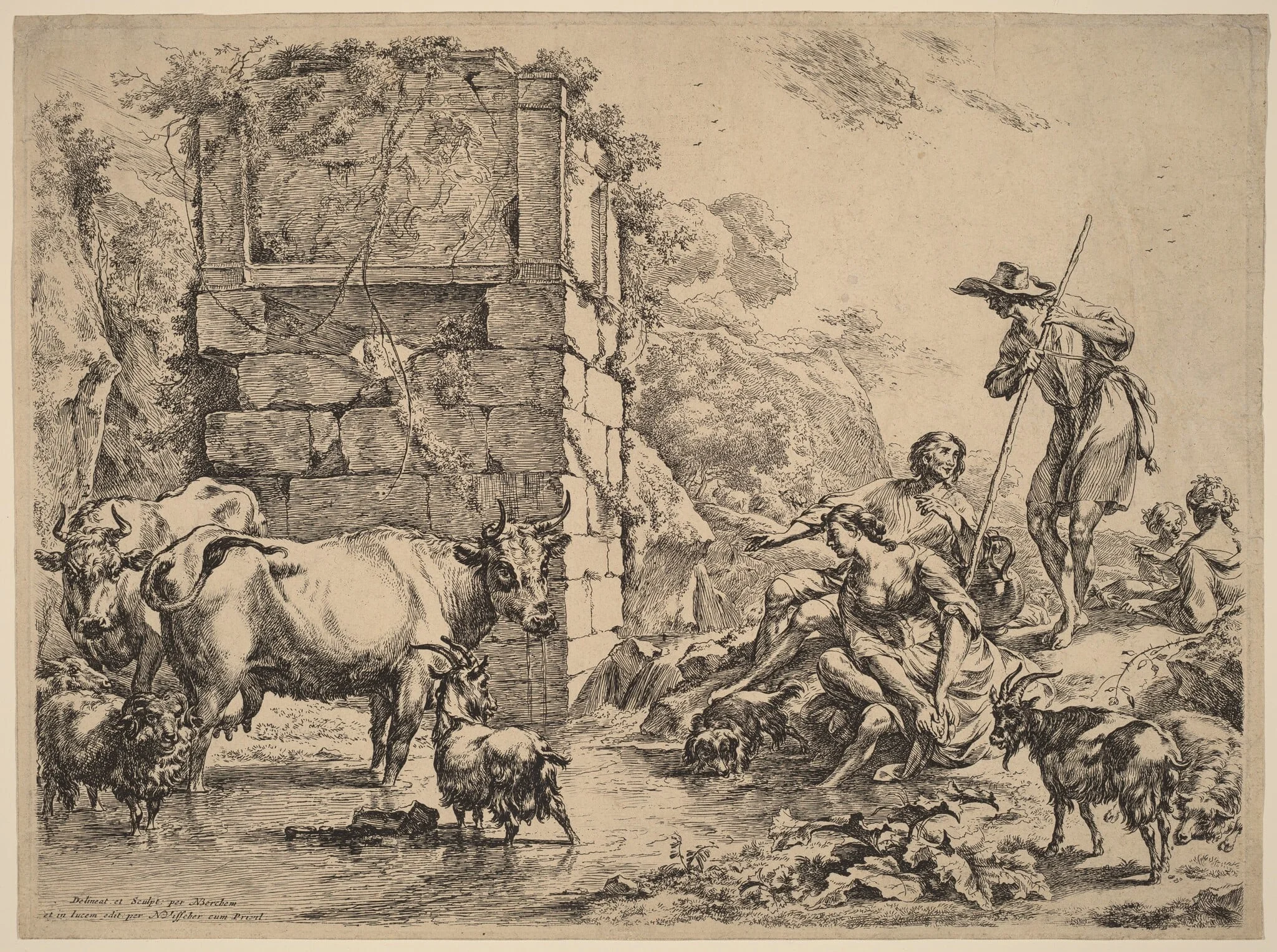 Cow Drinking, by Nicolaes Pieterszoon Berchem, ink, 1680