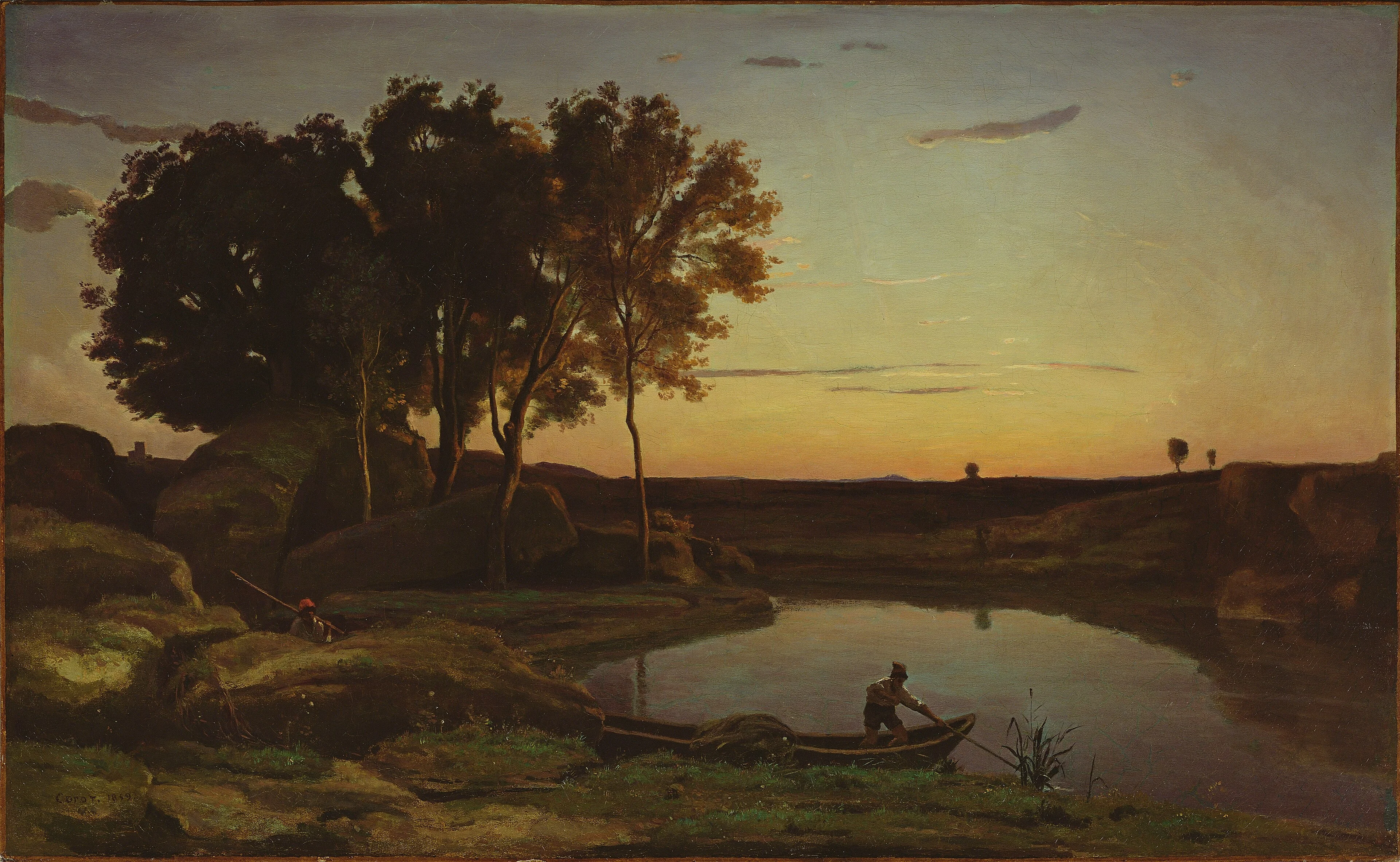 Landscape with Lake and Boatman, by Jean Baptiste Camille Corot, oil, 1839