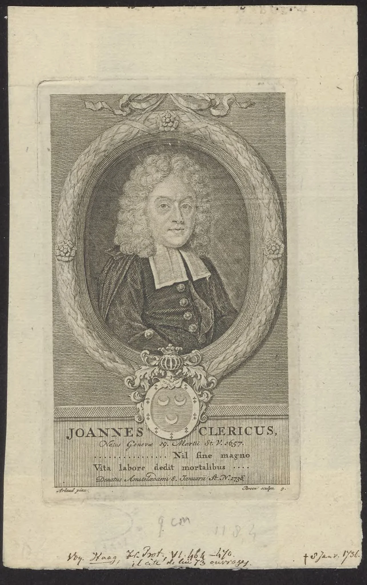 Portrait of Joannes Clericus, by [G. de jr.?], Broen, unspecified, 1750