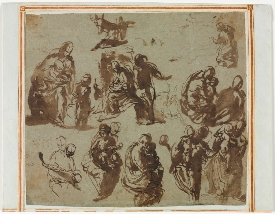 Various Sketches of the Madonna and Child (recto); Architectural Studies (verso) [partially visible on recto]