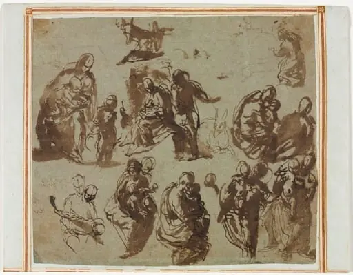 Various Sketches of the Madonna and Child (recto); Architectural Studies (verso) [partially visible on recto]