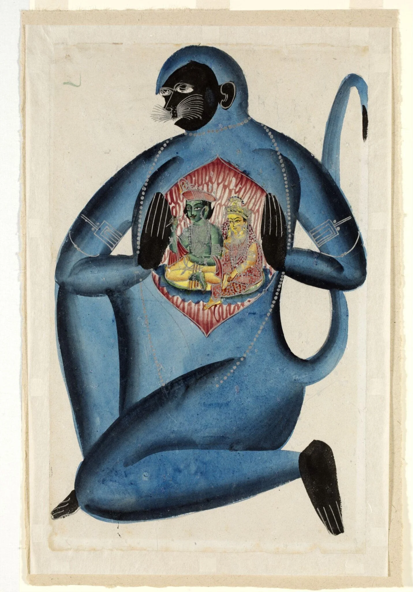 Hanuman revealing Rama and Sita in his heart, by Unknown, paint, 1865