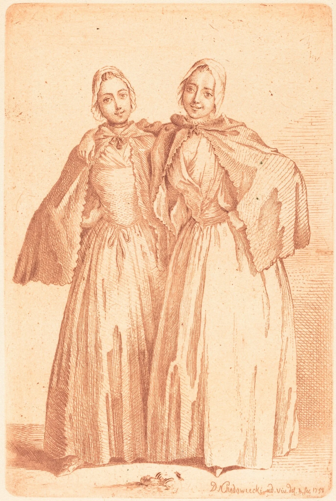 Two Standing Ladies (Demoiselles Quantin), by Daniel Nikolaus Chodowiecki, ink, 1758