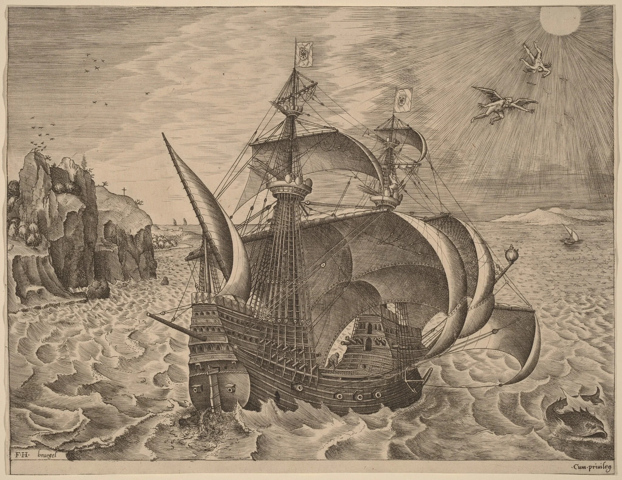 Armed Three-Master with Daedalus and Icarus in the Sky, by Frans Huys, ink, 1542