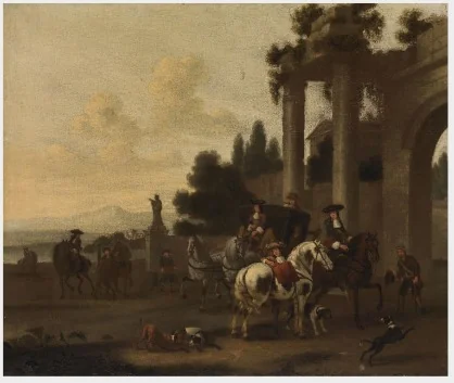 A Coach Party with a Classical Building