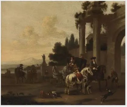 A Coach Party with a Classical Building