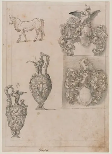 Design for Two Vases, Two Coats of Arms, and a Bull (recto)