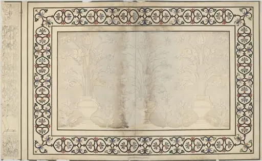 Relief panel of white marble with inlaid border of pietra-dura work on the inside of the entrance to the Taj Mahal, Agra.