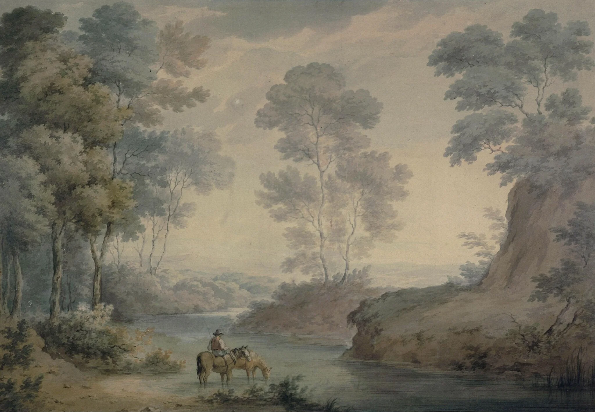 Landscape with river and horses watering