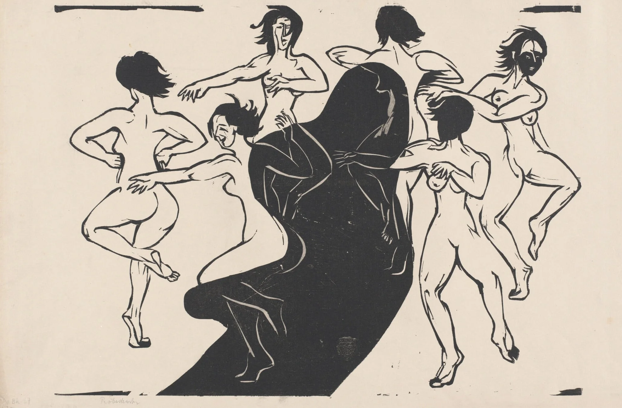 Nudes Dancing around a Shadow, by Ernst Ludwig Kirchner, ink, 1936