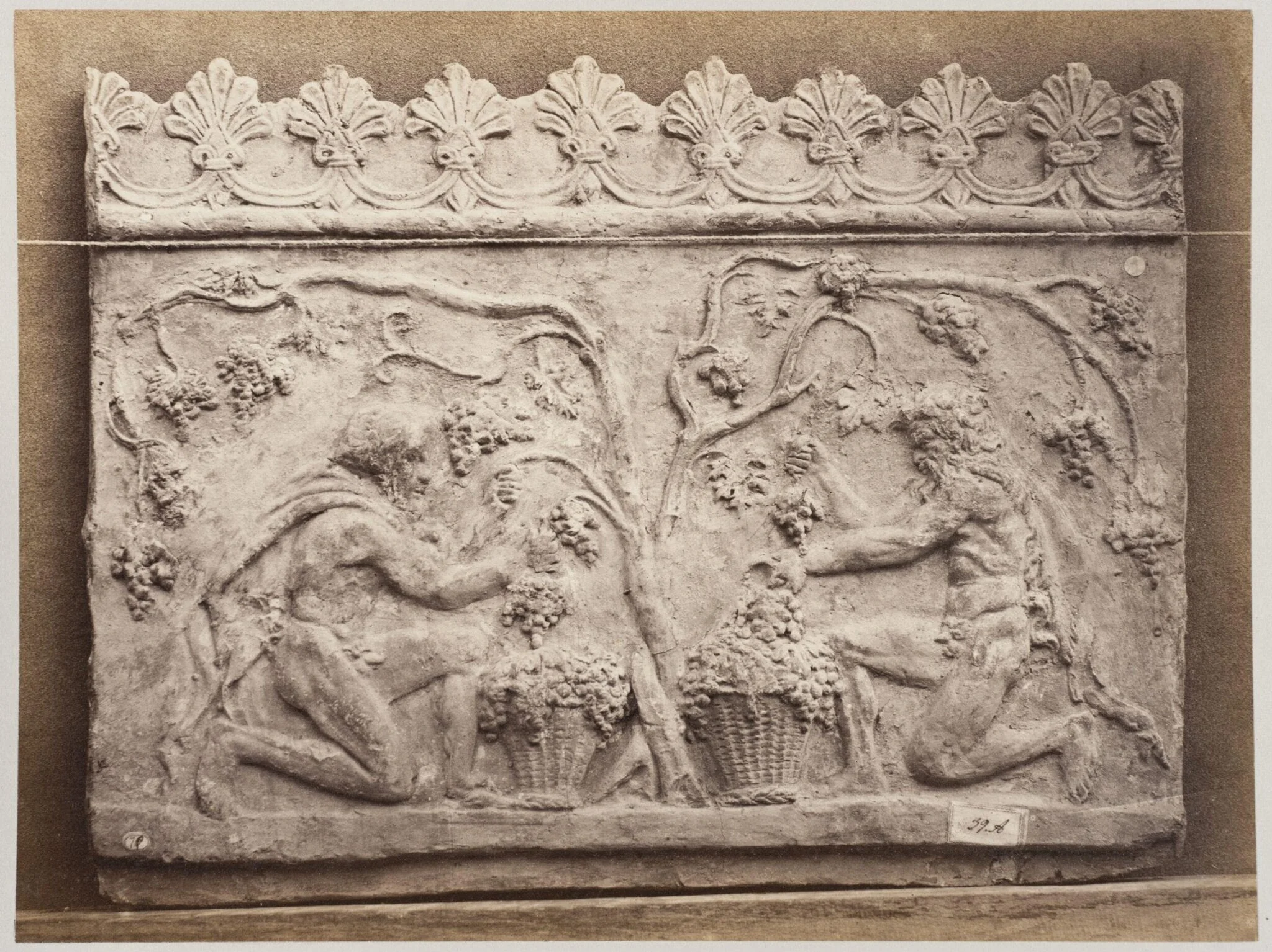 Bas-relief portion of a frieze of two satyrs in terra cotta, by Louise Laffon, photographic, 1864