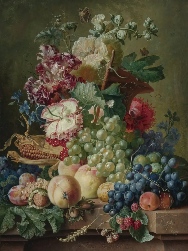 Still life of flowers and fruits on a marble ledge