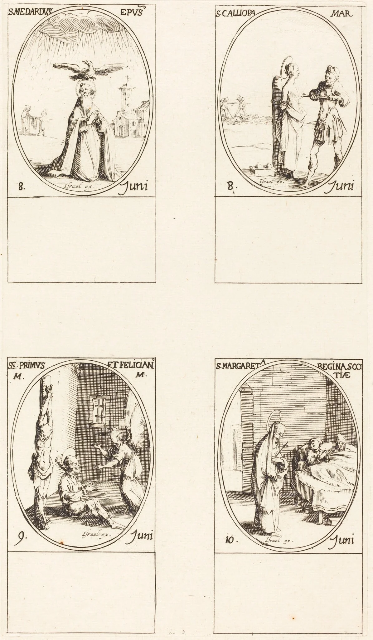 St. Medard; St. Calliopa; Sts. Primus and Felician; St. Margaret of Scotland, by Jacques Callot, ink, 1634