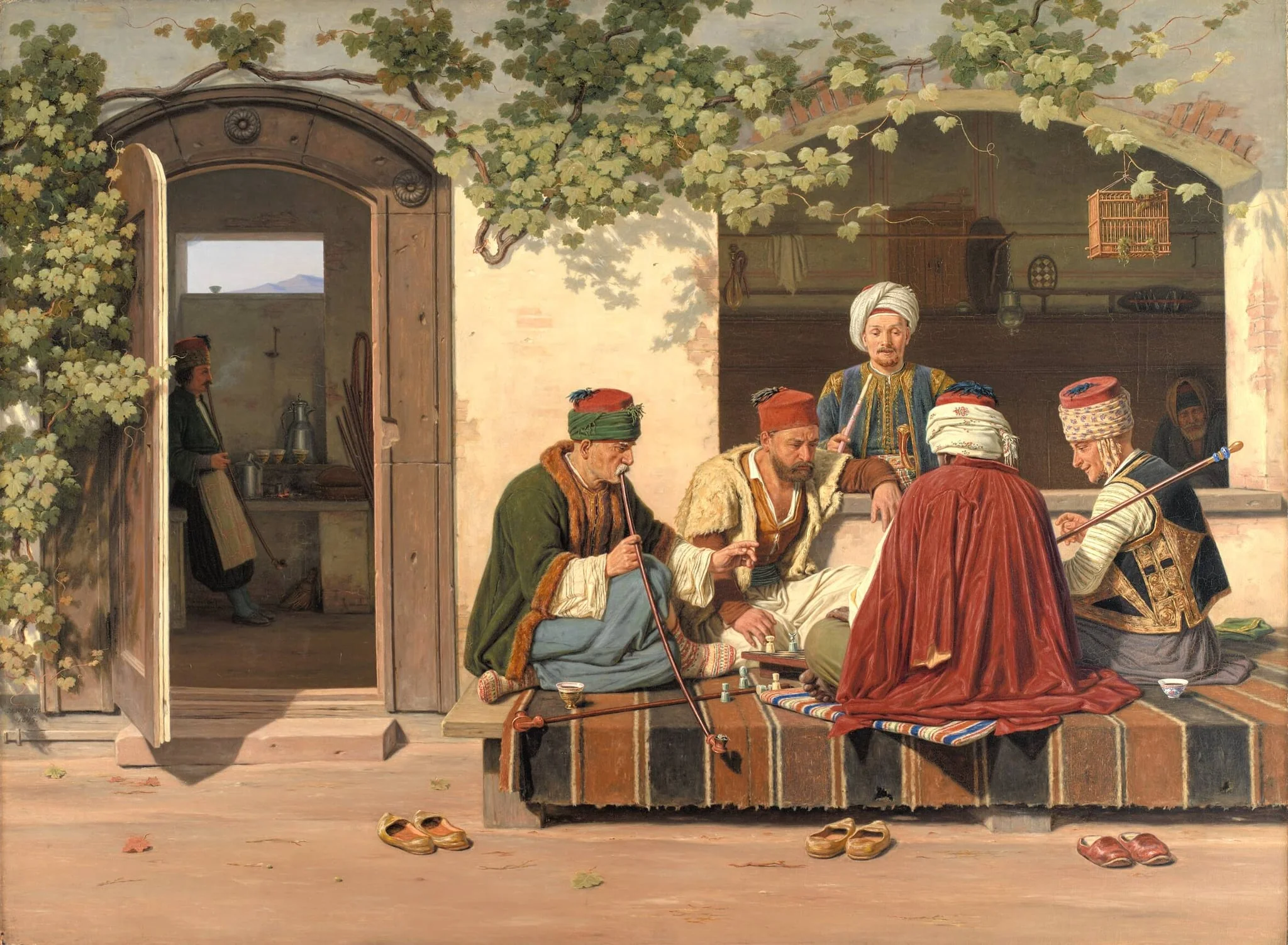 A party of chess players outside a Turkish coffeehouse and barbershop, by Unknown, 1845