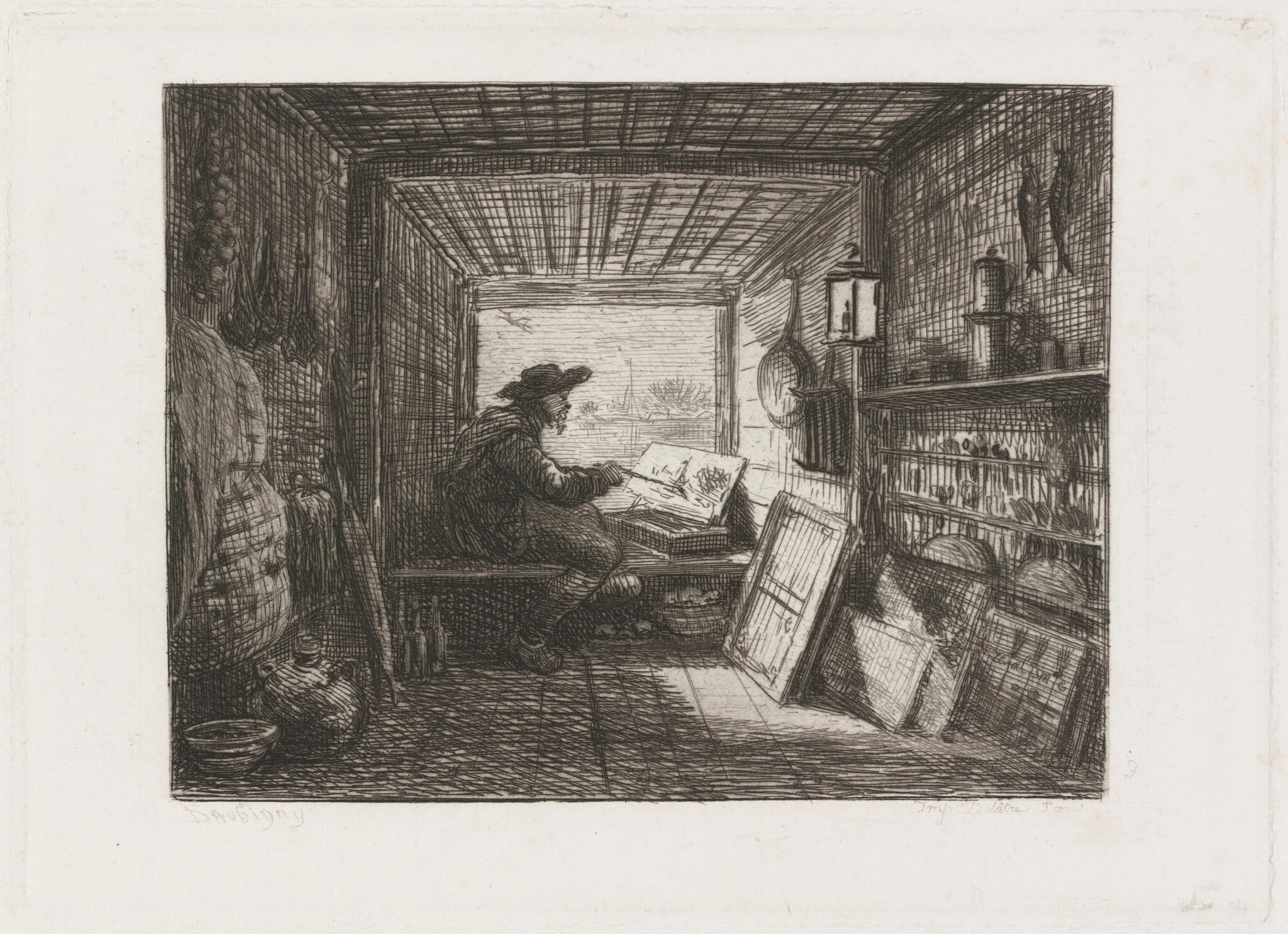 Studio on the Boat (Le Bateau-atelier), by Charles François Daubigny, ink, 1862