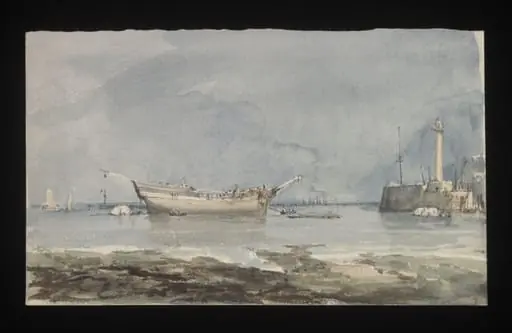 Watercolour drawing by the Grieve family, probably by Thomas Grieve, showing a view from the beach at Margate