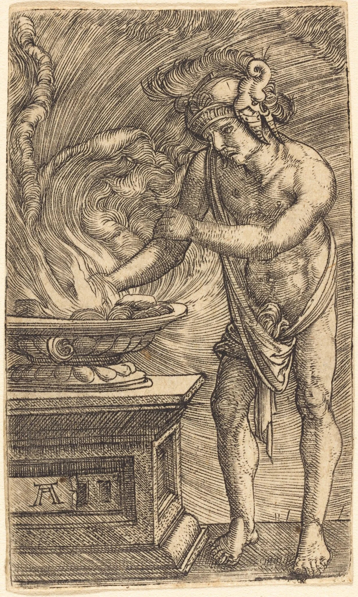 Mucius Scaevola Burning His Hand, by Albrecht Altdorfer, ink, 1525
