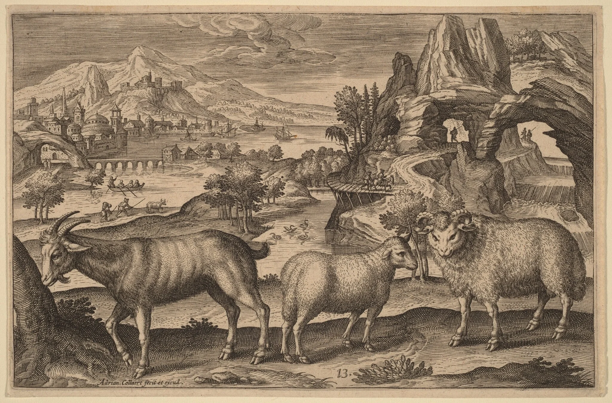 A Goat, a Ewe, and a Ram, by Adriaen Collaert, ink, 1597